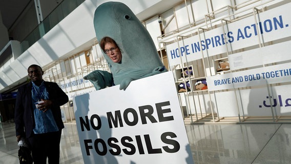 Alice McGown hält ein Schild mit der Aufschrift "Keine fossilen Brennstoffe mehr", während sie als Dugong verkleidet auf dem Weltklimagipfel in Dubai auftritt. © dpa bildfunk/AP Foto: Peter Dejong