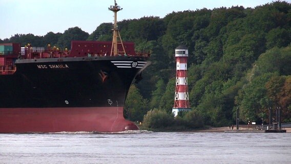 Blick auf das nördliche Elbufer und den Leuchtturm von Wittenbergen, an dem gerade ein Containerschiff vorbeifährt. © NDR 