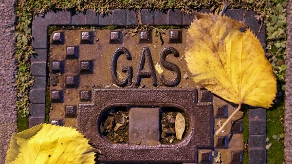Herabgefallene Blätter liegen im Licht einer Straßenlaterne aauf einem Deckel mit der Aufschrift "Gas" (Themenbild). © Frank Rumpenhorst/dpa 