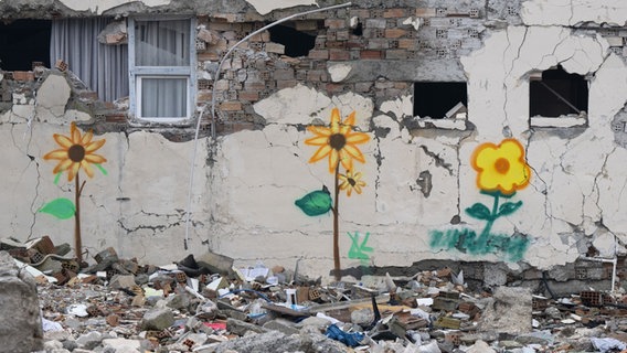 In der türkischen Stadt Antakya wurden Blumen auf ein im Februar 2023 vom Erdbeben zerstörtes Haus gemalt. © Boris Roessler/dpa Foto: Boris Roessler/dpa
