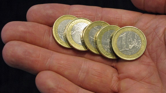 Fünf Ein-Euro-Münzen liegen in einer Hand. © dpa - Bildfunk Foto: Franz-Peter Tschauner