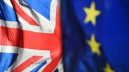 Die Flaggen Großbritanniens und der EU wehen nebeneinander und sind jeweils etwa zur Hälfte zu sehen. © dpa picture alliance / empicss Foto: Kirsty O'Connor