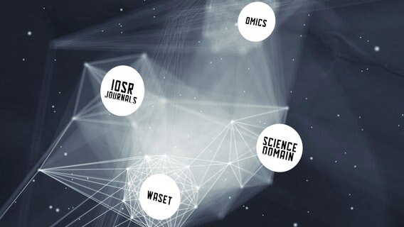 Animation: Die Namen verschiedene Pseudo-Verlage verbinden sich. © ARD Exlcusiv Fake Science 