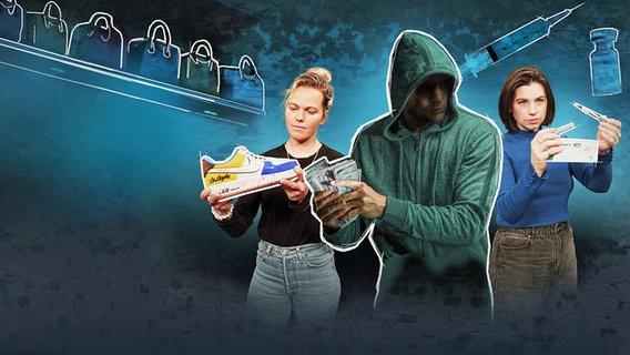 Auf einer Collage halten zwei Frauen und ein Mann Schuhe, Geld und Medikamente in der Hand. © ARD 