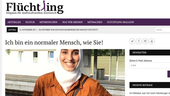 Screenshot einer Seite Online-Magazins "Flüchtling": Zu sehen ist eine Frau mit Kopftuch.  