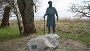 Eine Bronzestatue des Bildhauers Thomas Jastram auf einem Findling auf der Insel Rügen zeigt den Künstler Caspar David Friedrich. © dpa picture alliance Foto: Stefan Sauer