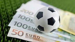 Auf einem Stück Kunstrasen liegen mehrere Geldscheine sowie ein kleiner Fußball. © dpa picture alliance 