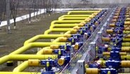Eine Reihe von Rohren in einem Gasspeicher und Transitpunkt. © AP/dpa Foto: Sergei Chuzavkov