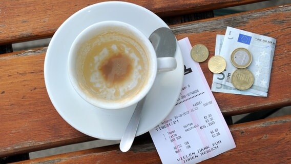 Münzen, ein Geldschein und eine Rechnung liegen neben einer leeren Kaffeetasse auf einem Tisch in einem Restaurant © picture alliance/dpa Foto: Tobias Hase