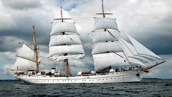 Das Schulschiff der Marine, die "Gorch Fock", läuft unter Segeln über die Kieler Förde. © dpa bildfunk Foto: Carsten Rehder