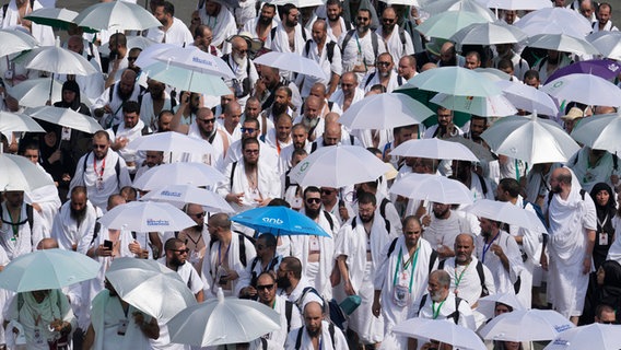 Muslimische Pilger treffen während der jährlichen Hadsch-Pilgerfahrt im Zeltlager Mina in der Nähe der heiligen Stadt Mekka in Saudi-Arabien ein. © AP/dpa Foto: Rafiq Maqbool