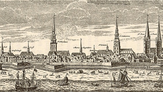 Blick auf die Elbe und Hamburg im 17. Jahrhundert - zeitgenössischer Stich von Homann. © picture alliance/Mary Evans Picture Library 