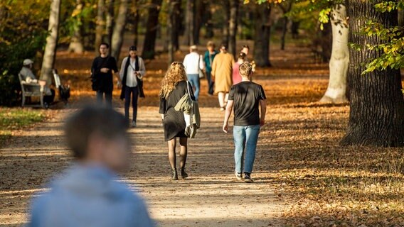 Bei sommerlichem Wetter gehen Menschen durch einen Wald mit herbstlich gefärbten Blättern. © dpa-Bildfunk Foto: Christophe Gateau