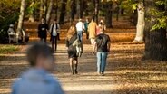 Bei sommerlichem Wetter gehen Menschen durch einen Wald mit herbstlich gefärbten Blättern. © dpa-Bildfunk Foto: Christophe Gateau