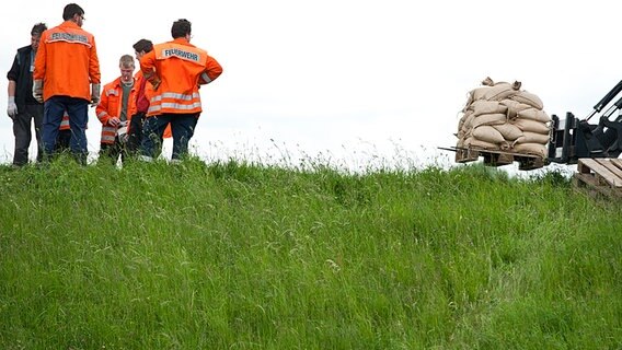 Hochwasser-Vorbereitungen auf dem Elbdeich bei Hitzacker. © dpa - Bildfunk Foto: Philipp Schulze