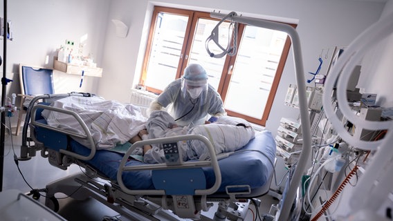 Eine Intensivpflegekraft kümmert sich in einem Krankenhaus um eine an Covid-19 erkrankte Patientin. © dpa Foto: Kay Nietfeld
