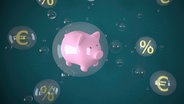 Ein Sparschwein in einer Blase, Euro- und Prozentzeichen darum herum (Montage) © picture alliance Foto: Sergiy Artsaba