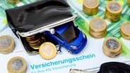 Ein Miniaturauto im Portemonnaie liegt auf einem KFZ-Versicherungsschein zusammen mit Euro-Geldmünzen und -scheinen © picture alliance Foto: Christian Ohde