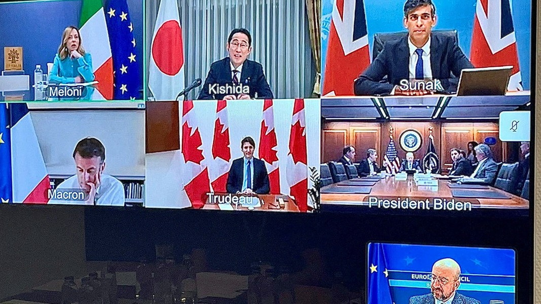 Die Staats- und Regierungschefs der G7-Staaten erörtern den iranischen Angriff auf Israel während einer Videokonferenz. Das Foto wurde von EU-Ratspräsident Charles Michel auf der Plattform X veröffentlicht.