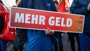 Ein Mitarbeiter hält ein Schild mit der Aufschrift "Mehr Geld" in den Händen © picture alliance/dpa/dpa-Zentralbild Foto: Paul Glaser