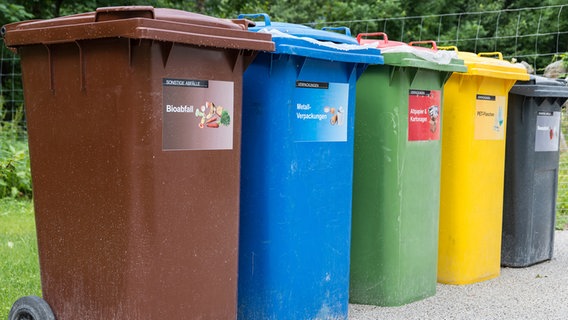 Verschiedene Mülltonnen stehen an der Straße © Colourbox 