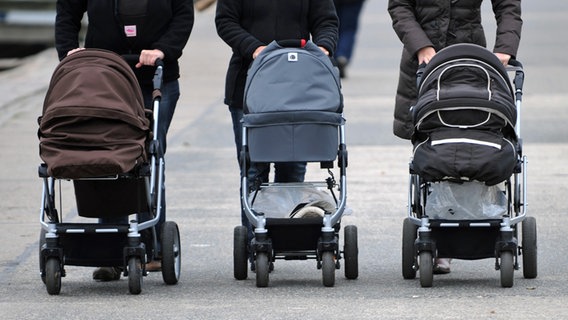 Drei Frauen schieben drei Kinderwagen vor sich her. © dpa - Bildfunk Foto: Marcus Brandt