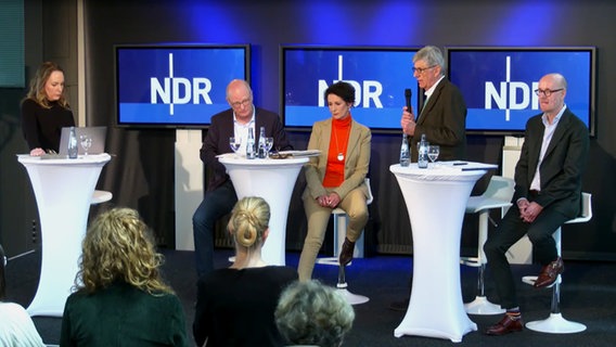 Bei der Vorstellung des "NDR Klimaberichts" am 28. März 2023 (v.l.n.r.): Moderatorin Nina Zimmermann, Intendant Joachim Knuth, die stellvertretende Intendantin und Direktorin des Landesfunkhauses Hannover, Andrea Lütke, Stephan Reimers und Uli Cyriax vom Analyse-Team. © NDR Foto: --