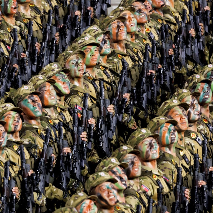 Nordkoreanische Soldaten salutieren in langen Reihen. © picture alliance/dpa/Russian Defence Ministry | Vadim Savitsky Foto: Vadim Savitsky