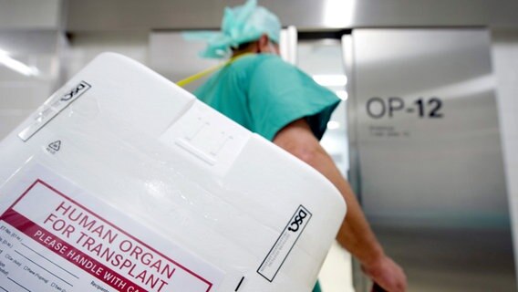 Ein Transportbehälter von zur Transplantation vorgesehenen Organen wird am Eingang eines OP-Saales vorbeigetragen. © picture alliance/dpa/Soeren Stache Foto: Soeren Stache