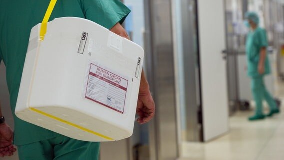 Ein Styropor-Behälter zum Transport von zur Transplantation vorgesehenen Organen wird an einem OP-Saal vorbei getragen. © dpa-Bildfunk Foto: Soeren Stache/dpa