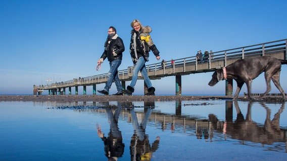 Spaziergänger sind am Ostseestrand von Heiligendamm unterwegs. © dpa Foto: Jens Büttner
