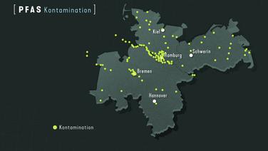 Auf einer Karte sind mit PFAS verseuchte Orte in Norddeutschland verzeichnet. © ARD 