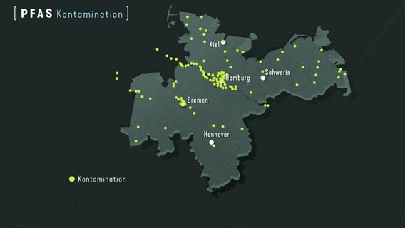 Auf einer Karte sind mit PFAS verseuchte Orte in Norddeutschland verzeichnet. © ARD 