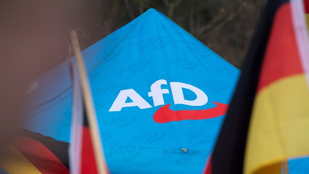Das AfD-Logo auf blauem Hintergrund umgeben von Deutschland-Fahnen.