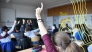 Siebtklässler strecken während des Unterrichts in einem Gymnasium ihre Hände nach oben. © picture alliance Foto: Felix Kästle