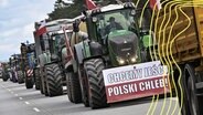 Landwirte aus Polen sind auf der Autostrada A2 (Europastraße 30) mit ihren Fahrzeugen in Richtung deutsch-polnische Grenze unterwegs - an einem Traktor hängt ein Plakat mit der Aufschrift "Wir wollen polnisches Brot essen". © picture alliance Foto: Patrick Pleul