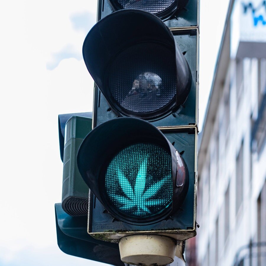 Eine Ampel zeigt ein grünes Cannabis Blatt in Aachen, Deutschland. © Imago Images Foto: Robert Poorten