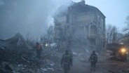 Rauch steigt aus den Trümmern eines durch Beschuss zerstörten Einkaufszentrums in Donezk (Ukraine) auf, während Feuerwehrleute im Einsatz sind. © AP/dpa Foto: Alexei Alexandrov