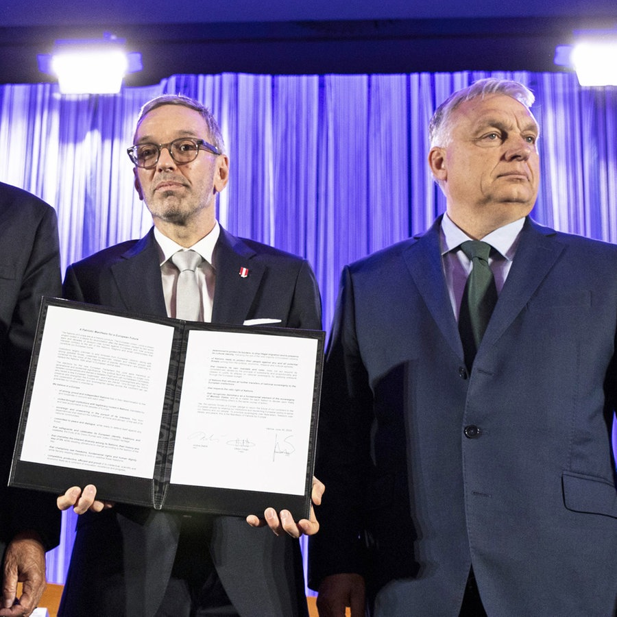 Der Vorsitzender der tschechischen liberal-populistischen ANO, Andrej Babis (links), der Chef der rechten österreichischen FPÖ, Herbert Kickl (Mitte), und Viktor Orban (rechts), Ministerpräsident von Ungarn und Vorsitzender der Partei Fidesz, haben ein Bündnis "Patriots for Europe" auf EU-Ebene gebildet. © APA/dpa Foto: Tobias Steinmaurer
