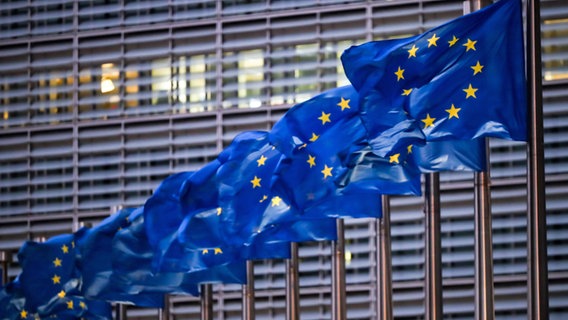 Europaflaggen wehen vor dem Sitz der EU-Kommission. © dpa Foto: Zhang Cheng/XinHua