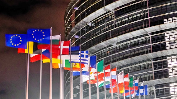 Die Fahnen der Mitgliedsstaaten der Europäischen Union wehen vor dem EU-Hauptgebäude. © dpa Foto: Philipp von Ditfurth