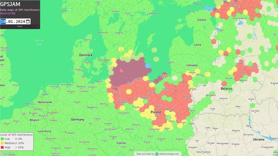 Regionen im Ostseeraum mit Störungen des GPS-Signals am 10. Januar 2024 gemäß der Website gpsjam.org. © Screenshot gpsjam.org Foto: Screenshot gpsjam.org