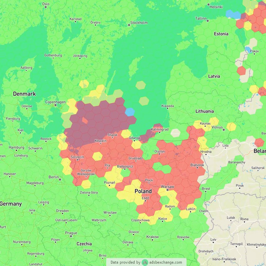 Regionen im Ostseeraum mit Störungen des GPS-Signals am 10. Januar 2024 gemäß der Website gpsjam.org. © Screenshot gpsjam.org Foto: Screenshot gpsjam.org