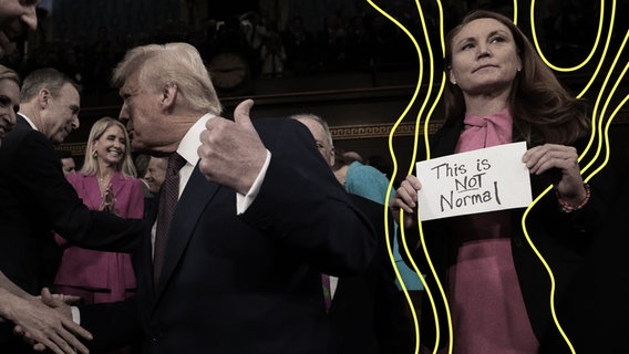 US-Präsident Donald Trump steht im Kongresses und zeigt einen Daumen hoch. Abgeordnete Melanie Stansbury (Demokratin, New Mexico) hält ein Schild mit der Aufschrift "This is not normal". © picture alliance 