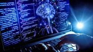 Hände tippen auf der Tastatur eines Laptops, auf dem Bildschirm sind Textzeilen und eine Computer-Figur dargestellt. © dpa Foto: Oliver Berg