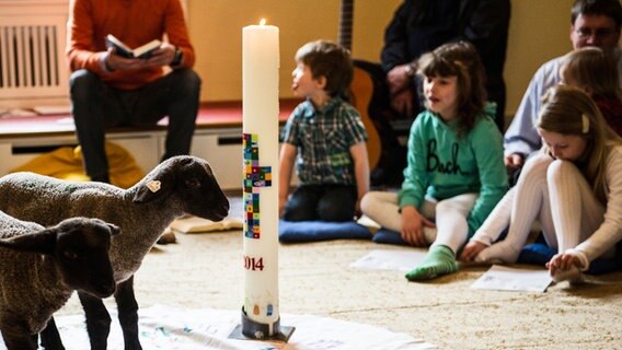 Zwei Lämmchen laufen bei einem Kindergottesdienst an einer Kerze vorbei. © picture alliance / dpa | Paul Zinken Foto: Paul Zinken