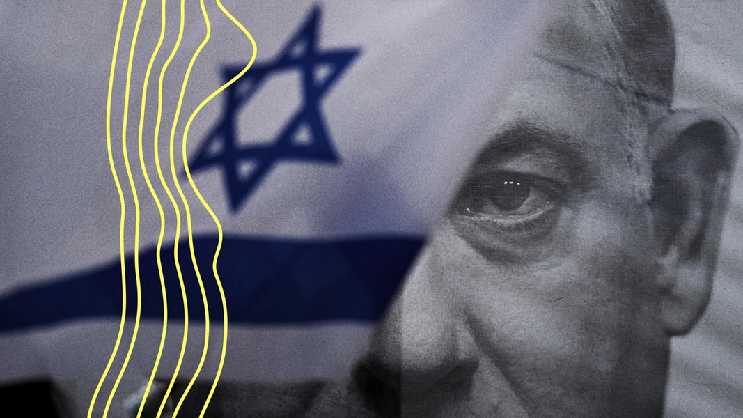 eine israelische Flagge bedeckt das halbe Gesicht von Premierminister Benjamin Netanjahu.