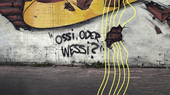 Wandbild von Caspar Kirchner mit der deutschen Nationalflagge und dem Schriftzug "Ossi oder Wessi? © picture alliance Foto: Rainer Jensen