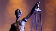 Eine Bronzestatue der Justitia steht auf einem Tisch. © picture alliance Foto: Christoph Hardt
