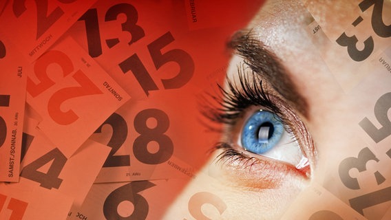 Ein Auge vor rotem Hintergrund mit Kalenderblättern (Montage). © fotolia Foto: Andrejs Pidjass